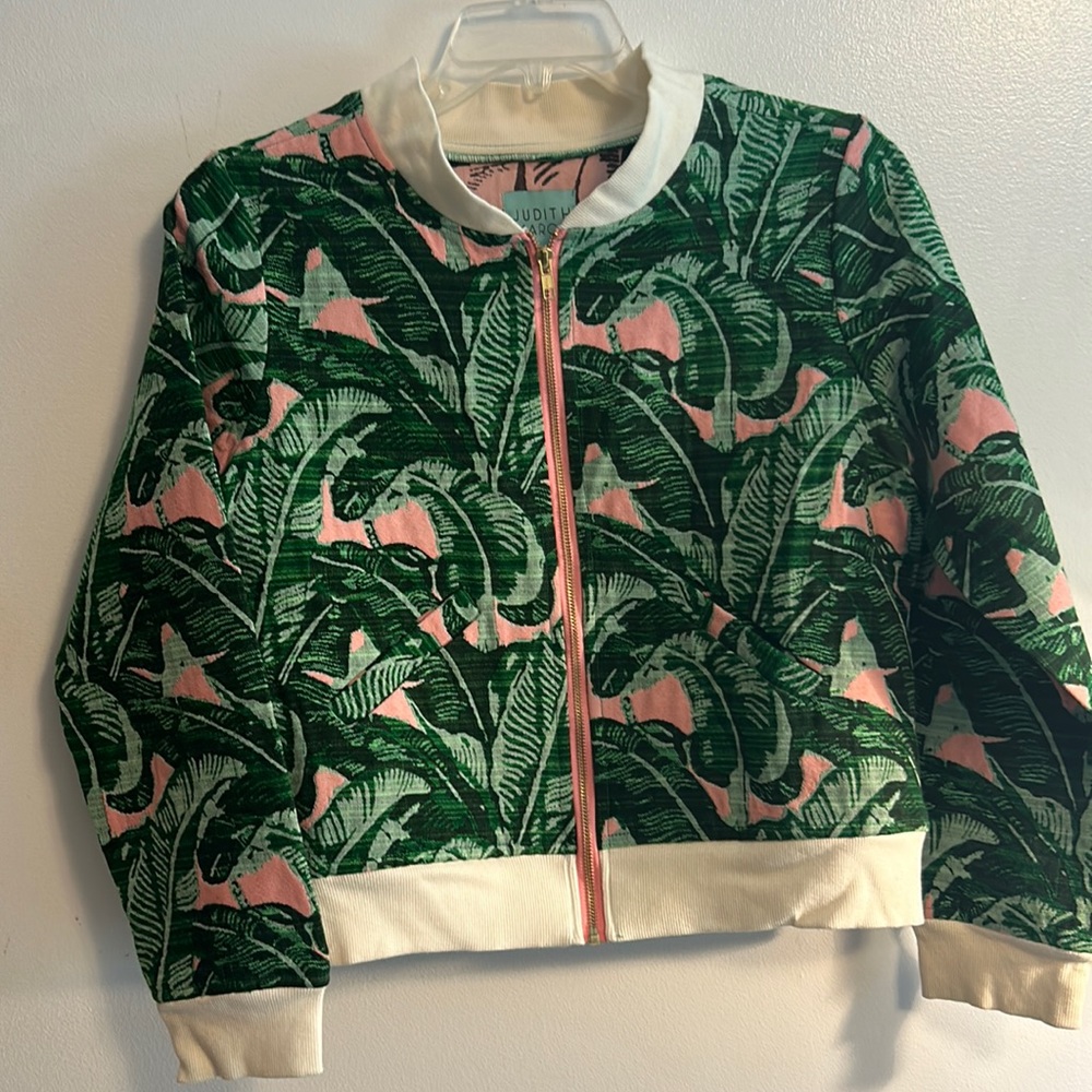 Judith March Palm Print Tropical Lightweight Zip Up Bomber Jacket Sz Medium